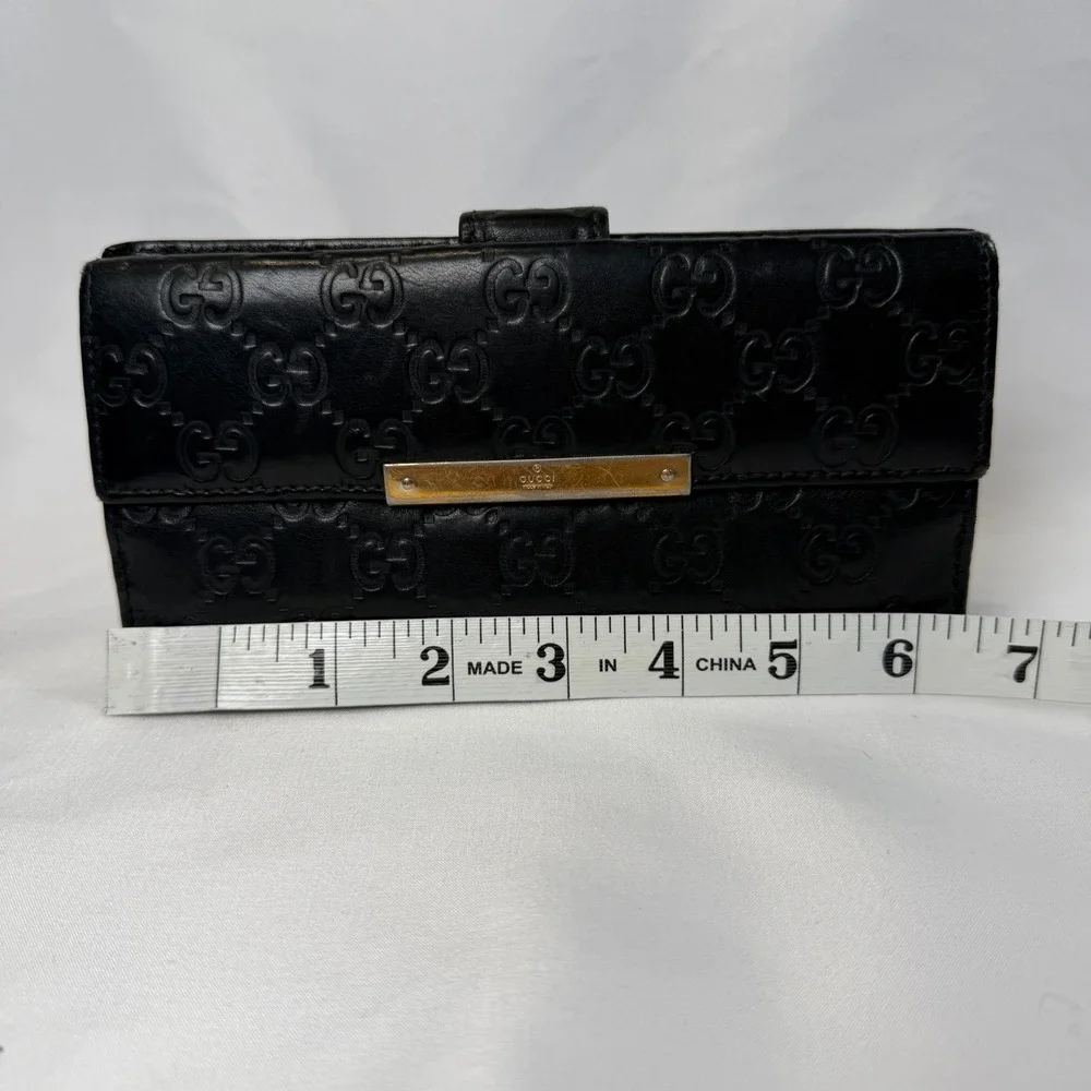 Gucci Guccissima Continental Wallet Womens OS Black Leather Bifold Gold Plate